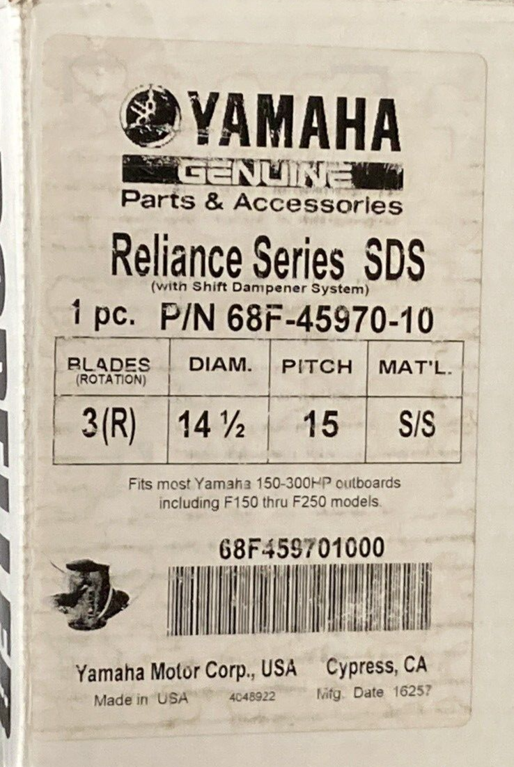 NEW GENUINE YAMAHA 68F-45970-10 PROPELLER 3-BLADE RH 14.5"D 15" PITCH SS