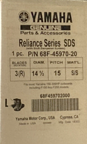 NEW GENUINE YAMAHA 68F-45970-20 PROPELLER 3-BLADE RH 14.5"D 15" PITCH SS