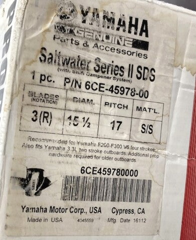 YAMAHA 6CE-45978-00 PROPELLER 3-BLADE RH 15.5"D 17" PITCH SS New Genuine