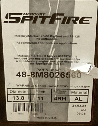 NEW GENUINE MERCURY 48-8M8026560 PROPELLER SPITFIRE 4-BLADE RH 13.8"D 11" PITCH
