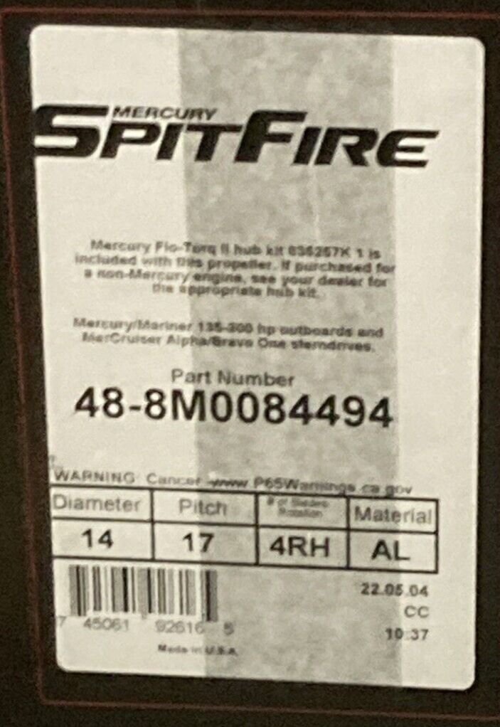 NEW GENUINE MERCURY 48-8M0084494 PROPELLER SPITFIRE 4-BLADE RH 14"D 17" PITCH
