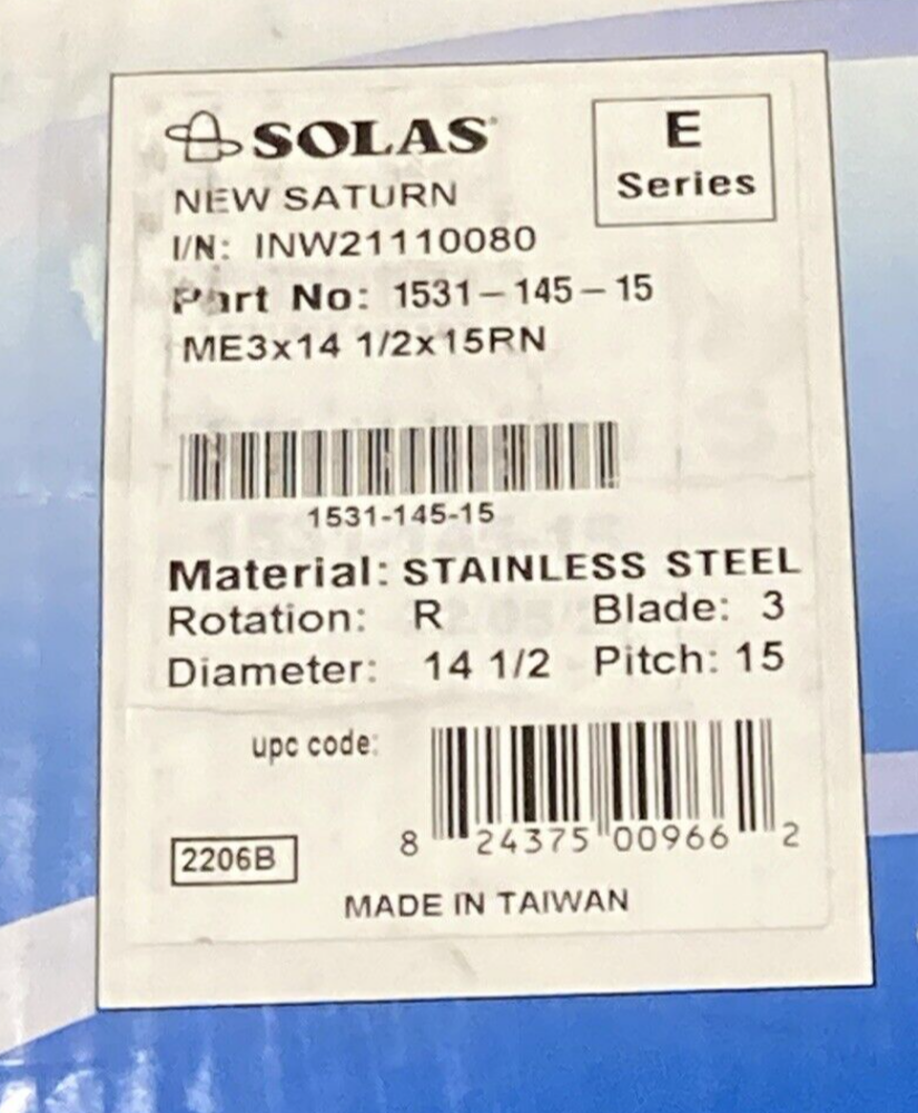 NEW GENUINE SOLAS 1531-145-15 PROPELLER NEW SATURN 3 BLADE 14.5"D 15" PITCH SS