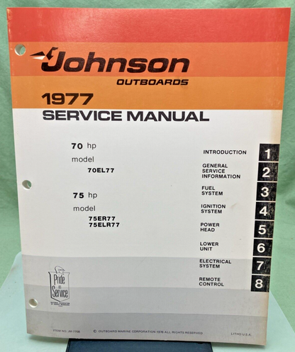 JOHNSON OUTBOARD SERVICE MANUAL SET JM-7707, JM-7708, JM-7709 1977