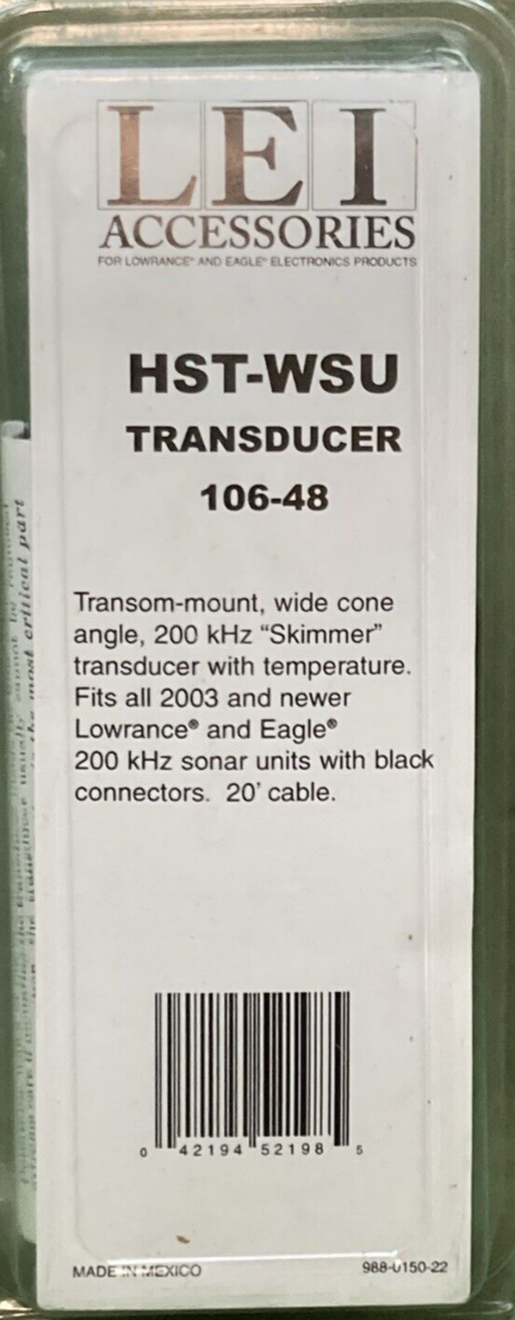 NEW GENUINE LEI HST-WSU TRANSDUCER 20' TRANSOM MOUNT WIDE-CONE 200kHz