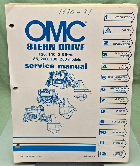 OMC 982884 STERN DRIVE 120, 140, 3.8 LITRE, 185, 200, 230, 260 MODELS MANUAL '80