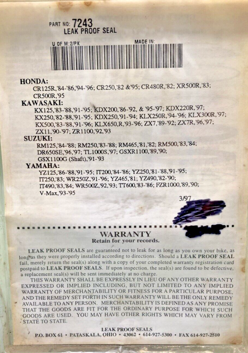 NEW LEAK PROOF FORK SEALS  #7243 43MM X 55MM, HONDA KAWASKI SUZUKI YAMAHA