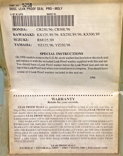 NEW LEAK PROOF FORK SEALS 5258 46MM X 58MM X 8.5/11 MM KAWA, SUZUKI, YAMAHA, HON