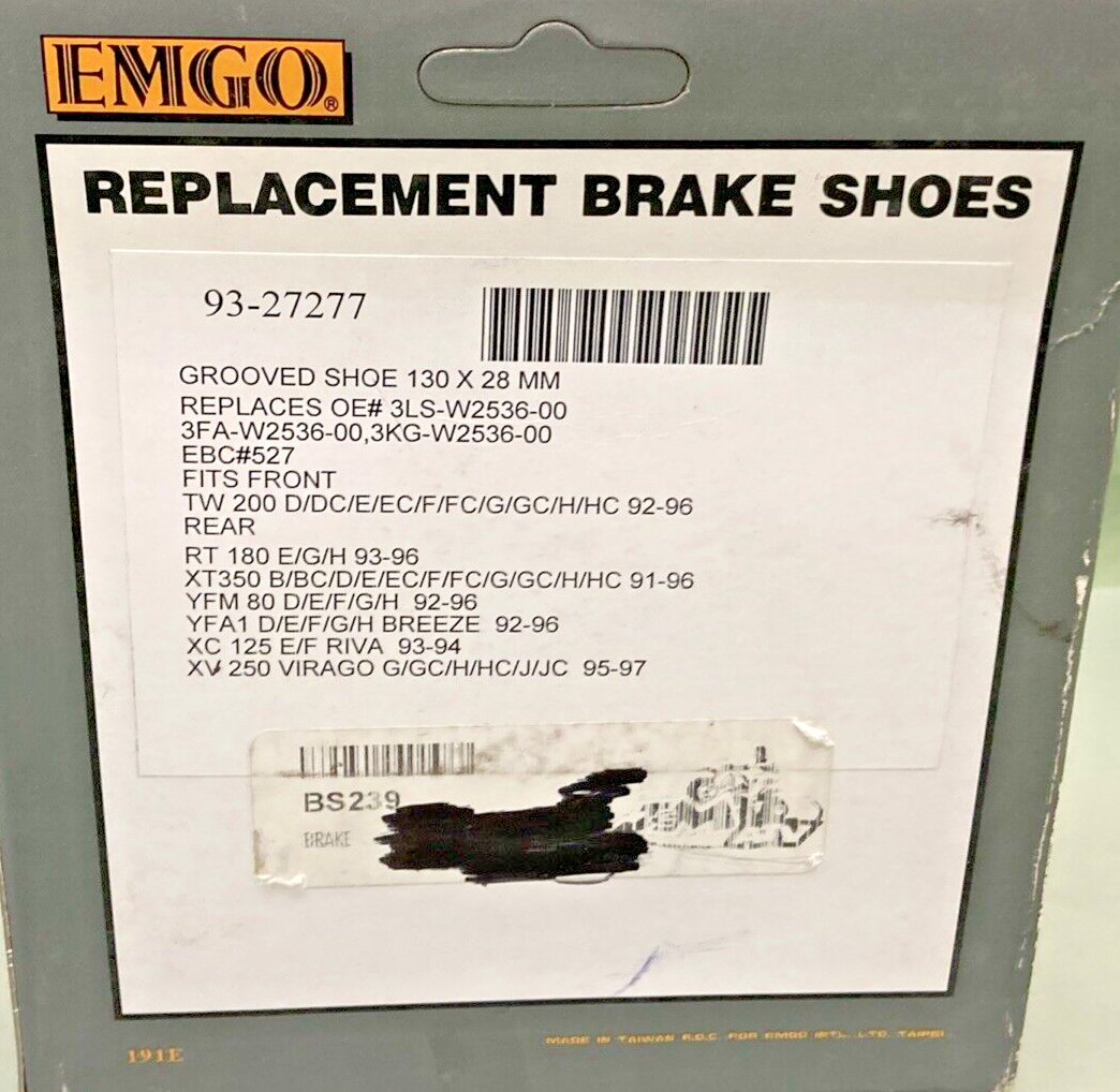 NEW REPLACES EMGO 93-27277 BRAKE SHOES, GROOVE SHOE130 X28 MM