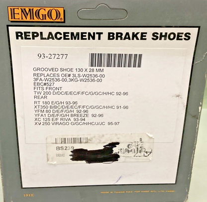NEW REPLACES EMGO 93-27277 BRAKE SHOES, GROOVE SHOE130 X28 MM