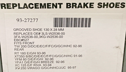 NEW REPLACES EMGO 93-27277 BRAKE SHOES, GROOVE SHOE130 X28 MM
