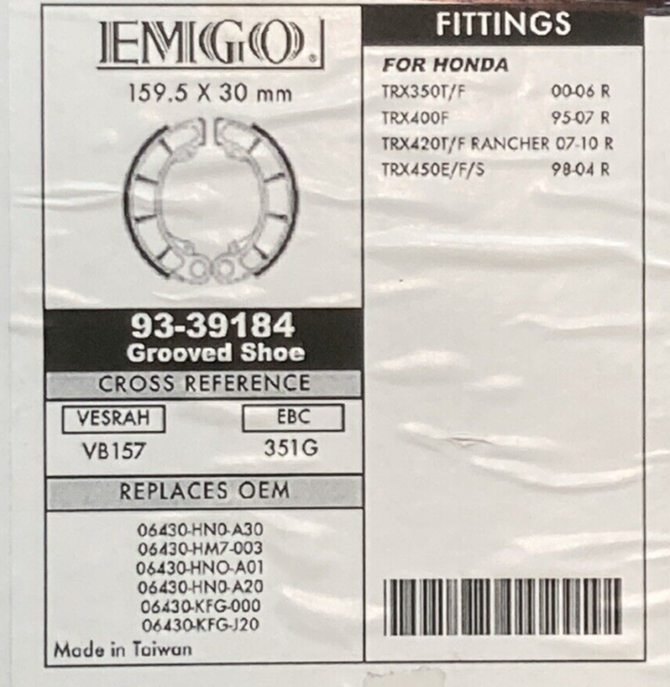NEW EMGO 93-39184 BRAKE SHOE SET GROOVED REAR FOR HONDA ATV