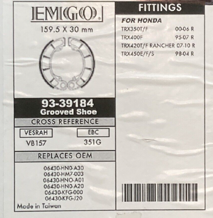NEW EMGO 93-39184 BRAKE SHOE SET GROOVED REAR FOR HONDA ATV