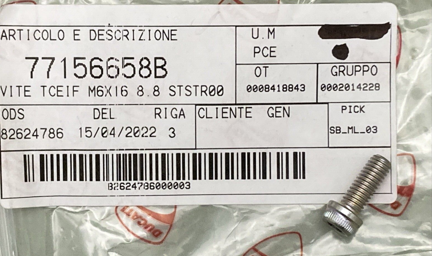 NEW GENUINE DUCATI 77156658B SCREW TCEIF M6X16