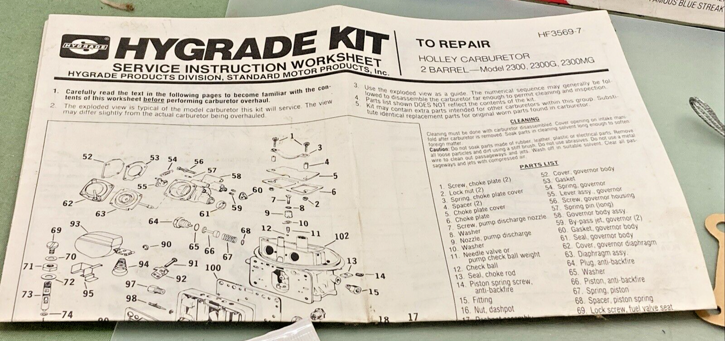NEW HYGRADE JIFFY KIT 1599 FOR CARBURETOR OVERHAUL, INCOMPLETE KIT