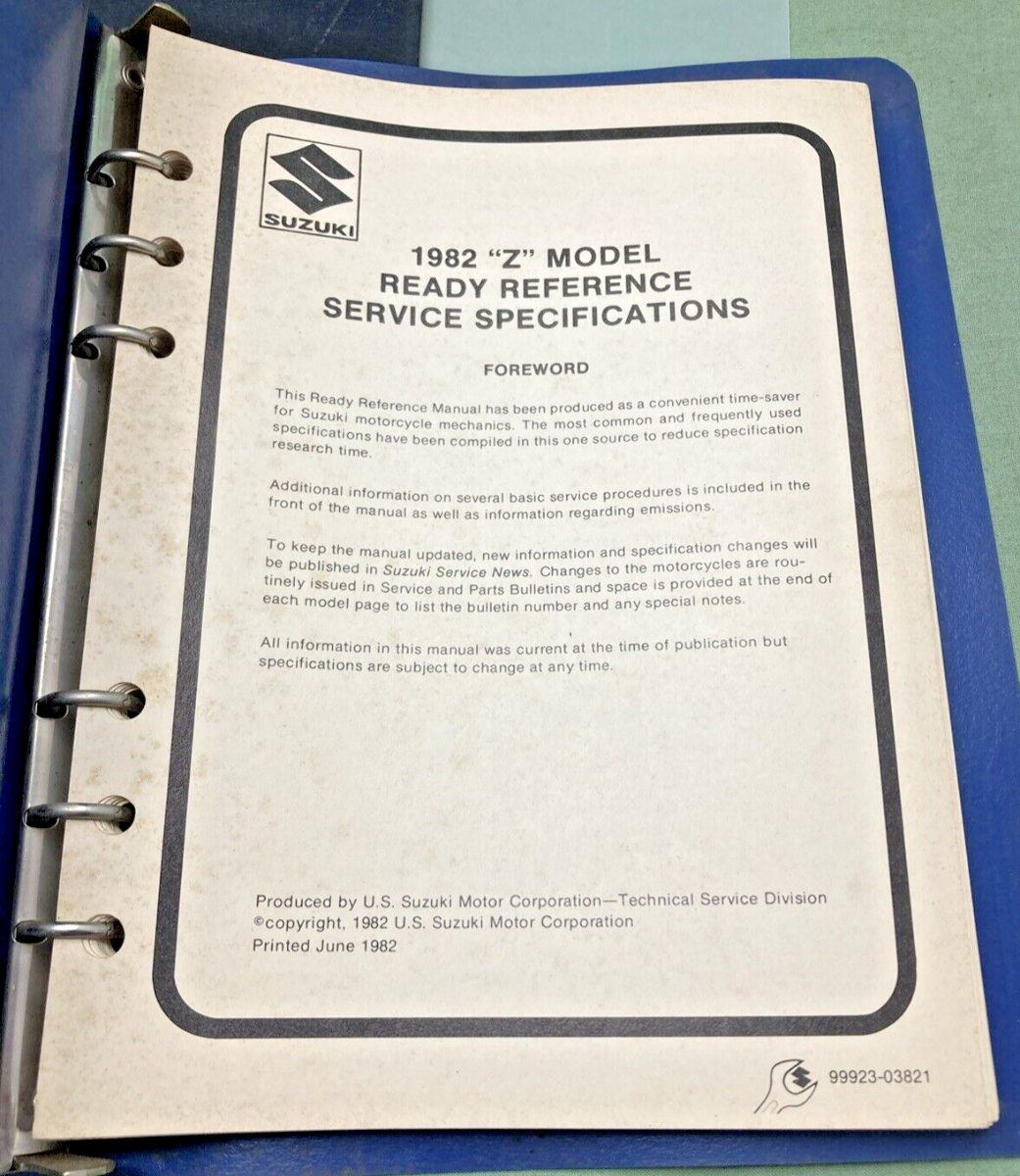 GENUINE SUZUKI 99923-03821 Z MODEL READY REFERENCE SERVICE SPECIFICATIONS 1982