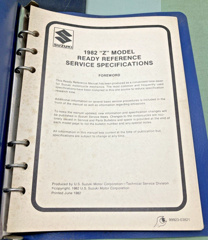 GENUINE SUZUKI 99923-03821 Z MODEL READY REFERENCE SERVICE SPECIFICATIONS 1982