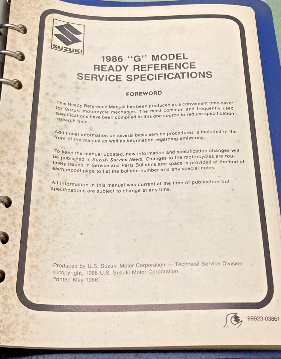 GENUINE SUZUKI 99923-03861 G MODEL READY REFERENCE SERVICE SPECIFICATION 1986