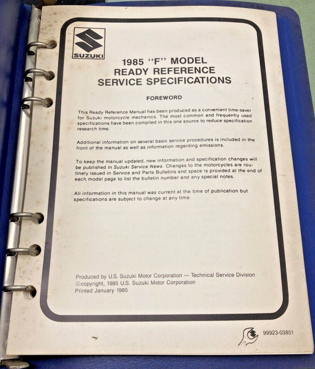 GENUINE SUZUKI 99923-03851 F MODEL READY REFERENCE SERVICE SPECIFICATIONS 1985