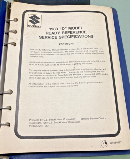 GENUINE SUZUKI 99923-03831 D MODEL READY REFERENCE SERVICE SPECIFICATIONS 1983