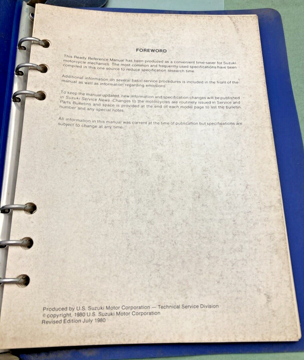 GENUINE SUZUKI 99923-00110 T MODELS READY REFERENCE SERVICE SPECIFICATIONS 1980