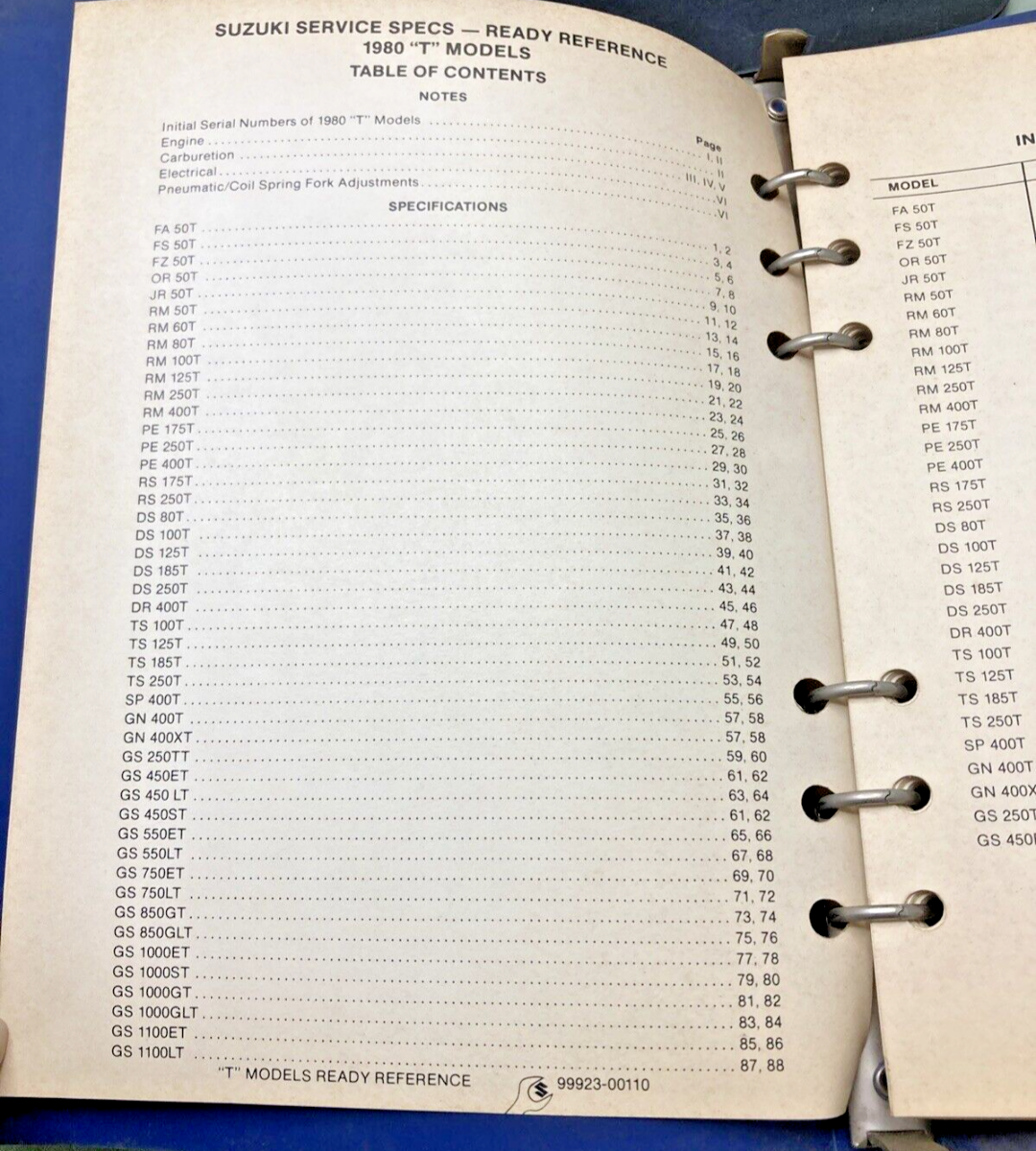 GENUINE SUZUKI 99923-00110 T MODELS READY REFERENCE SERVICE SPECIFICATIONS 1980