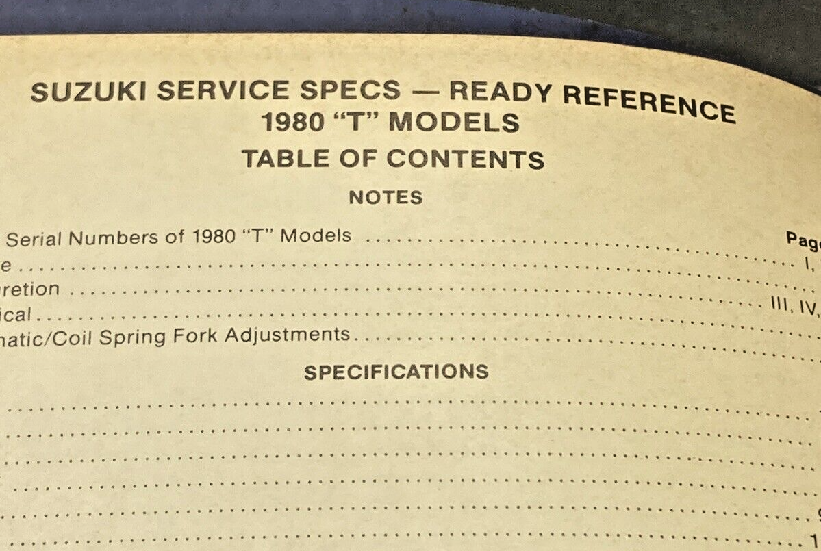 GENUINE SUZUKI 99923-00110 T MODELS READY REFERENCE SERVICE SPECIFICATIONS 1980
