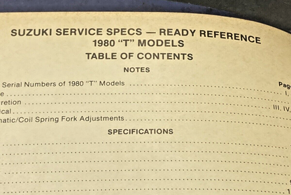 GENUINE SUZUKI 99923-00110 T MODELS READY REFERENCE SERVICE SPECIFICATIONS 1980