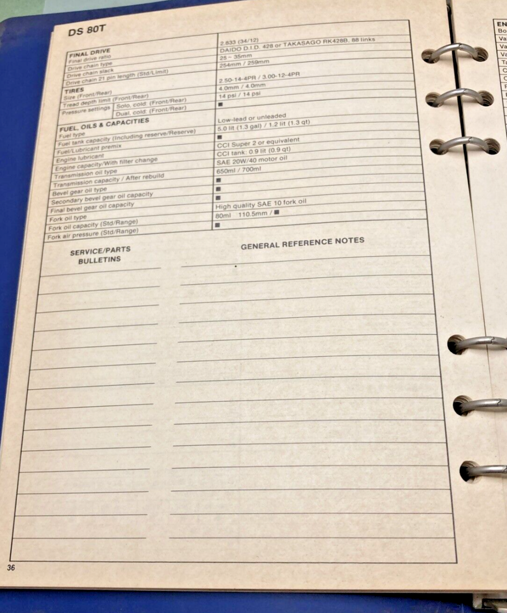 GENUINE SUZUKI 99923-00110 T MODELS READY REFERENCE SERVICE SPECIFICATIONS 1980