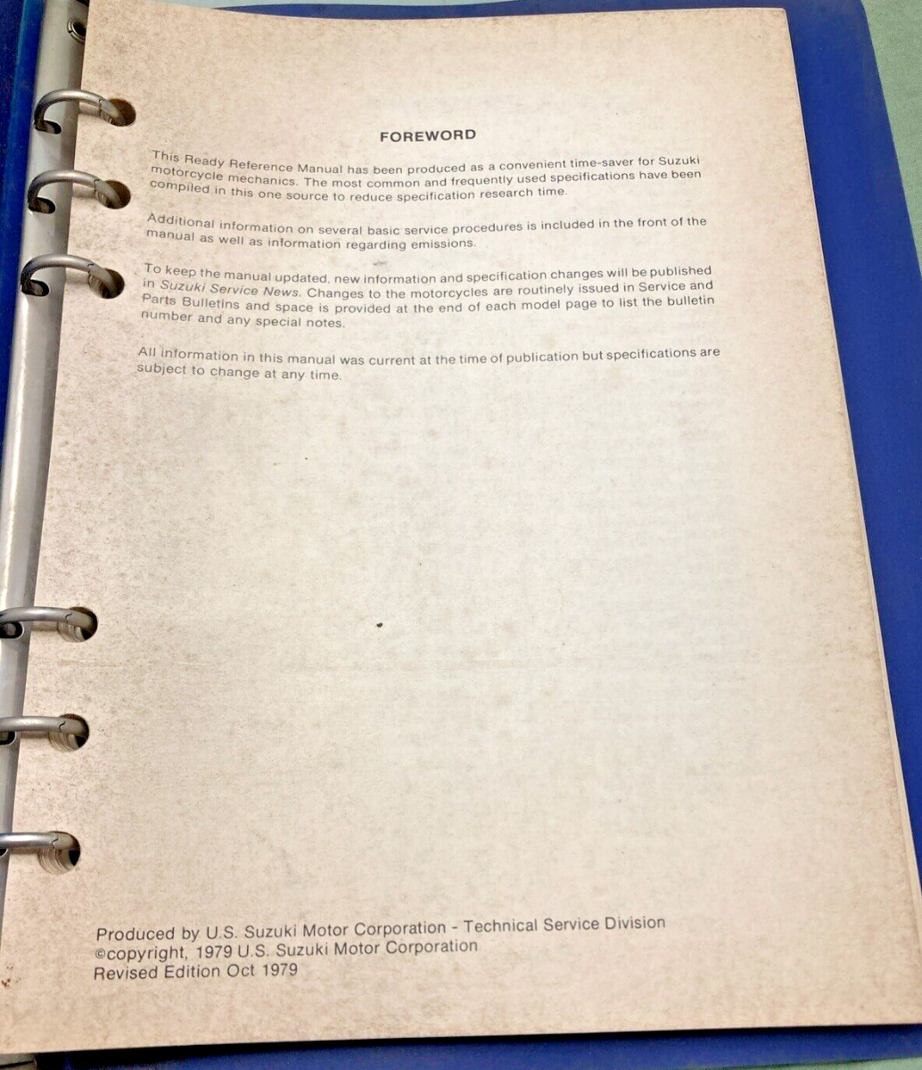 GENUINE SUZUKI 99923-00106 N MODELS READY REFERENCE SERVICE SPECIFICATIONS 1979