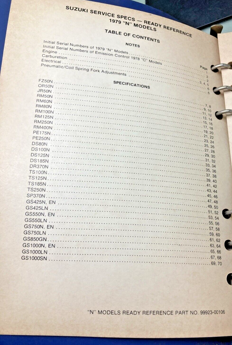 GENUINE SUZUKI 99923-00106 N MODELS READY REFERENCE SERVICE SPECIFICATIONS 1979