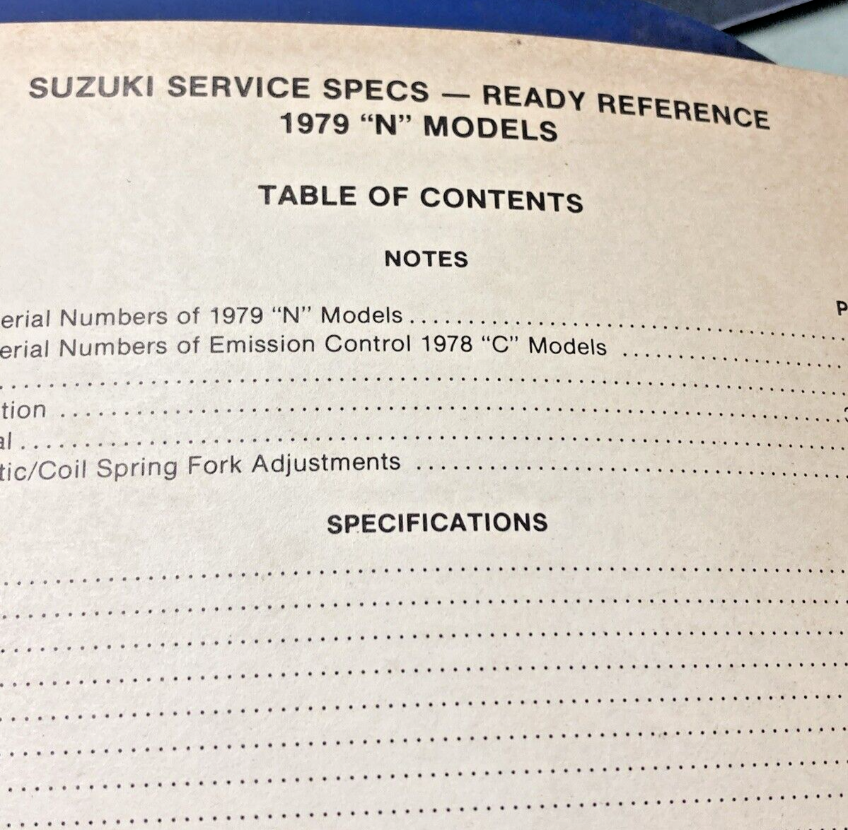 GENUINE SUZUKI 99923-00106 N MODELS READY REFERENCE SERVICE SPECIFICATIONS 1979