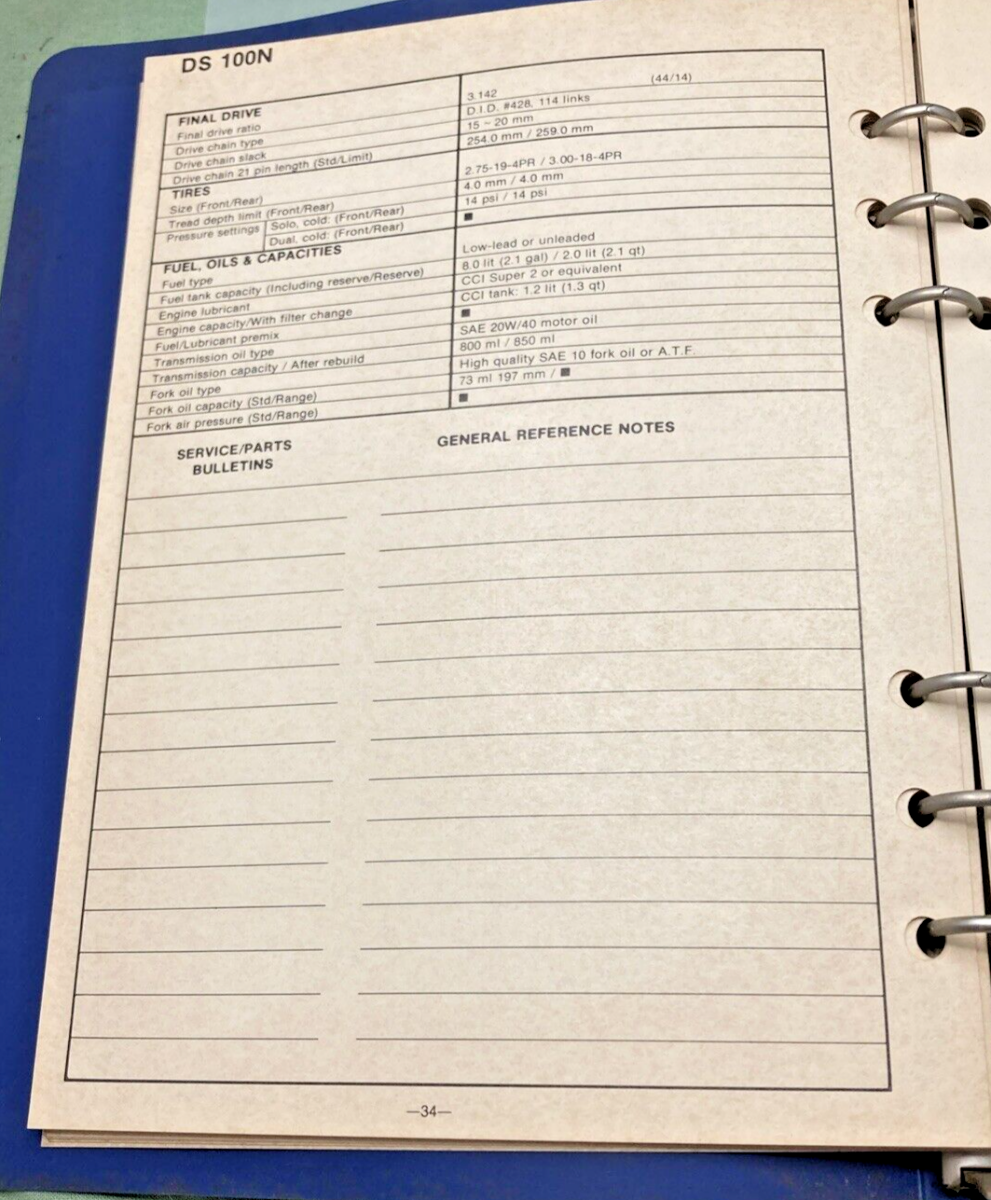 GENUINE SUZUKI 99923-00106 N MODELS READY REFERENCE SERVICE SPECIFICATIONS 1979