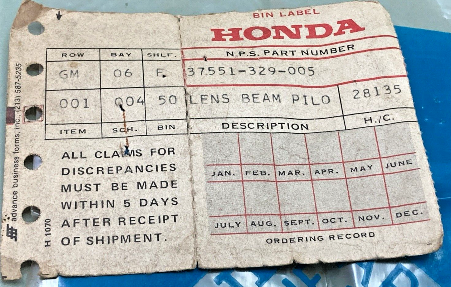 NEW HONDA 37551-329-005 BEAM PILOT LENS, BLUE