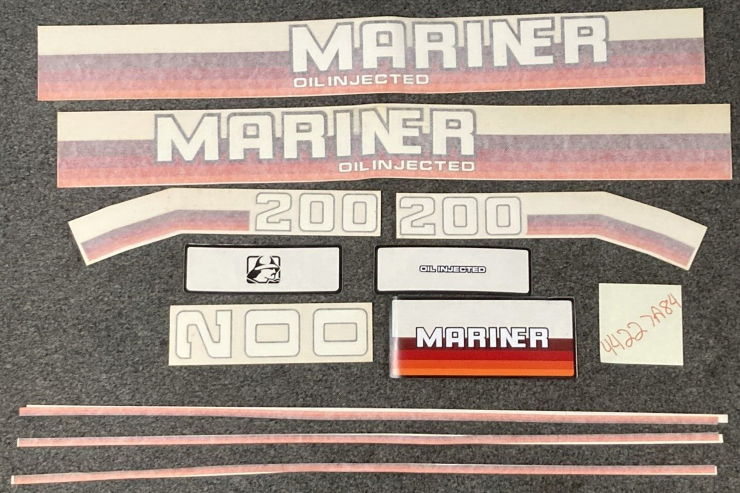 NEW REPLACES MARINER 44227A84 DECAL STICKER KIT 200 HP OIL INJECTED INCOMPLETE