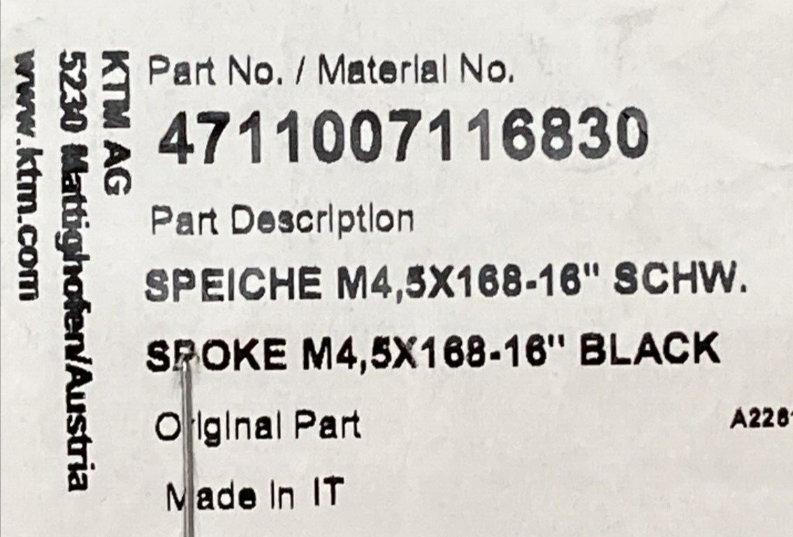 NEW GENUINE KTM 4711007116830 Spoke M4,5X168 - 16'' Black