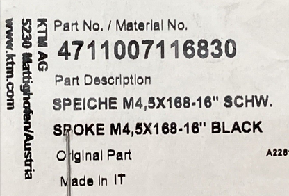 NEW GENUINE KTM 4711007116830 Spoke M4,5X168 - 16'' Black