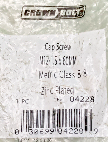 NEW CROWN BOLT 04228 CAP SCREW, M 12-1.5 X 60MM, HEX, METRIC 8.8, ZINC PLATED