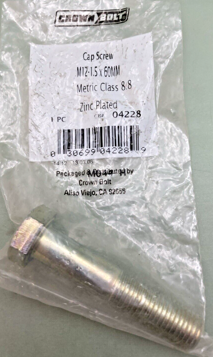 NEW CROWN BOLT 04228 CAP SCREW, M 12-1.5 X 60MM, HEX, METRIC 8.8, ZINC PLATED