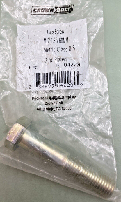 NEW CROWN BOLT 04228 CAP SCREW, M 12-1.5 X 60MM, HEX, METRIC 8.8, ZINC PLATED