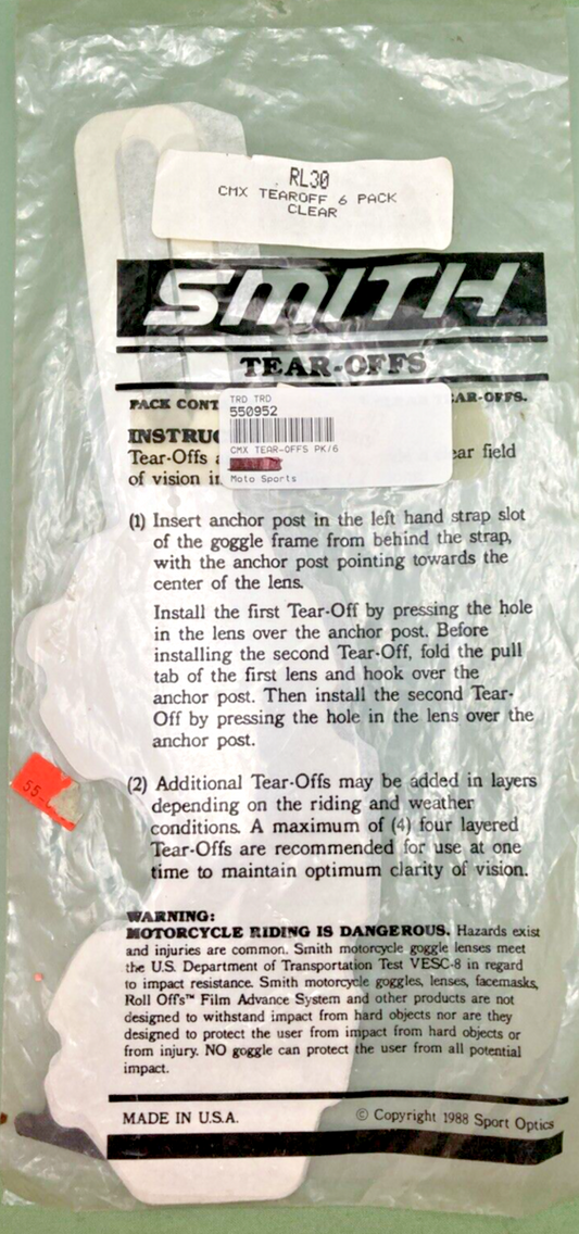 NEW GENUINE SMITH RL30 CMX TEAROFF 6 PACK CLEAR