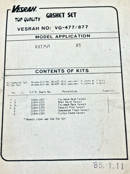 NEW GENUINE VESRAH VG-877 FOR KAWASAKI GASKET SET, INCOMPLETE KIT