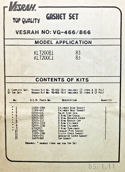 NEW GENUINE VESRAH VG-866 FOR KAWASAKI GASKET SET, INCOMPLETE KIT