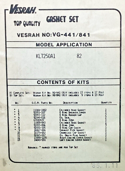 NEW GENUINE VESRAH VG-841 FOR KAWASAKI GASKET SET, INCOMPLETE KIT