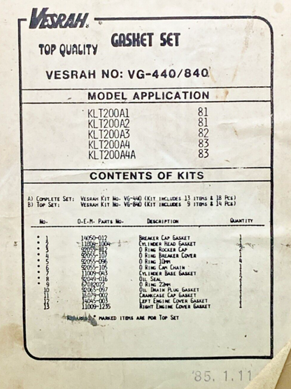 NEW GENUINE VESRAH VG-840 FOR KAWASAKI GASKET SET, INCOMPLETE KIT