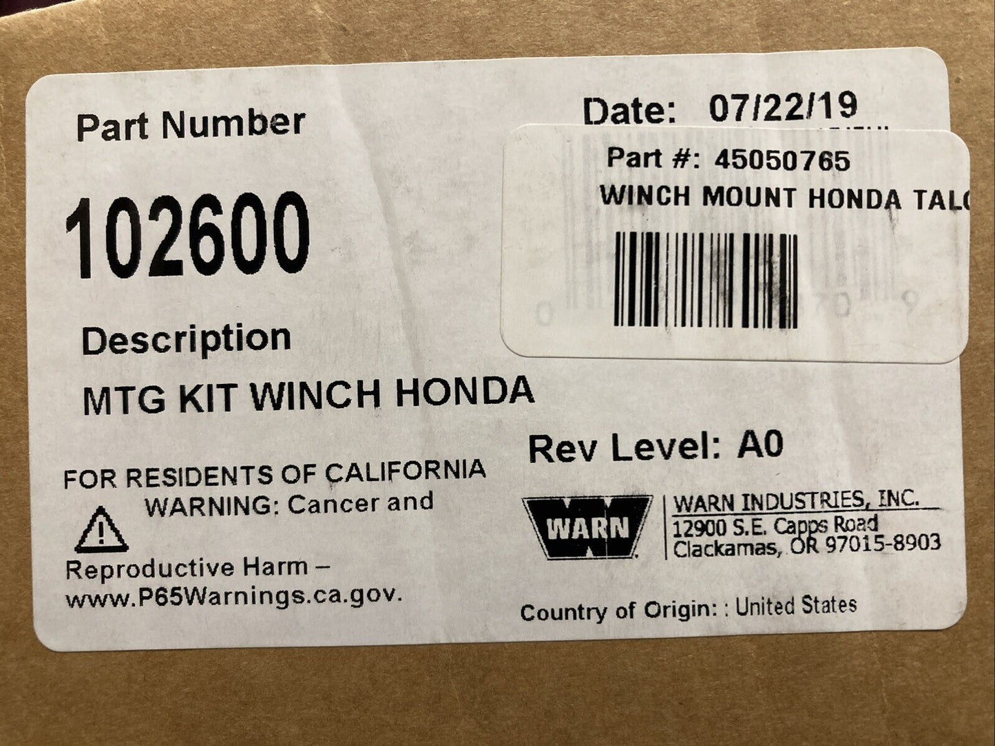 NEW GENUINE WARN 102600 MTG KIT WINCH FOR HONDA TALON