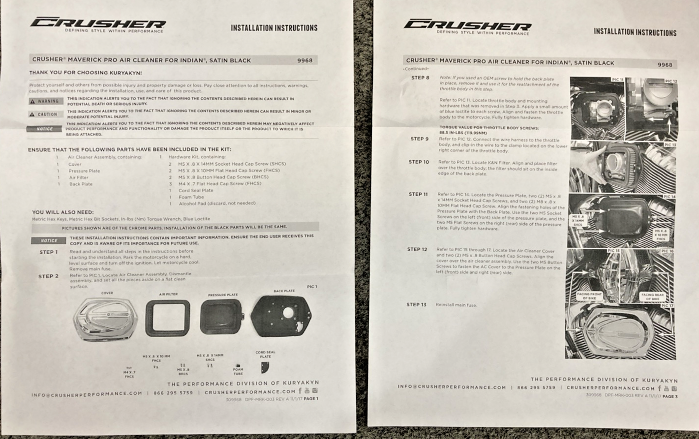 NEW GENUINE CRUSHER 9968 AIR CLEANER SATIN BLACK, INDIAN 14'-17', 415579