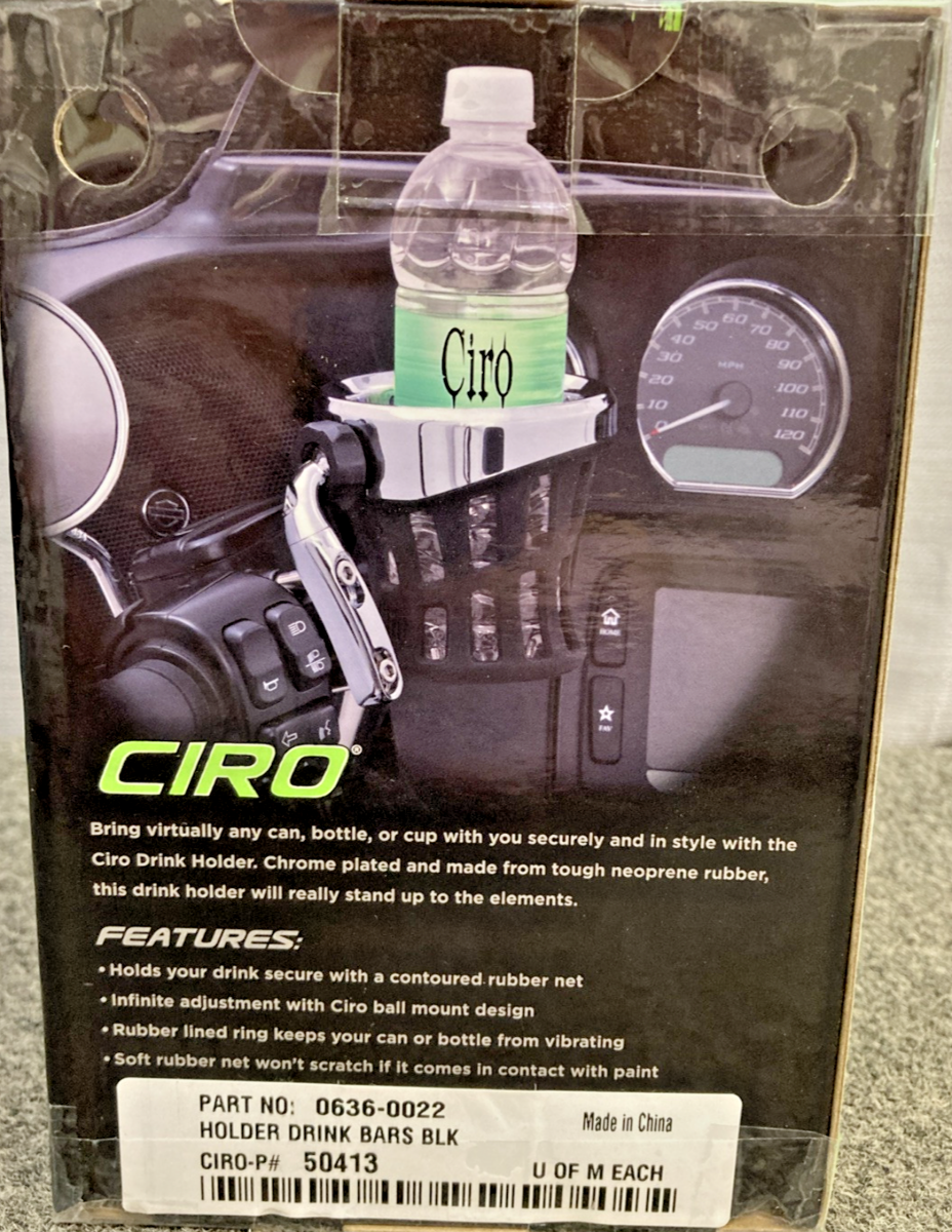 NEW GENUINE CIRO 0636-0022 DRINK HOLDER 7/8" & 1" HANDLEBAR MOUNT, CHR/BLK 50413