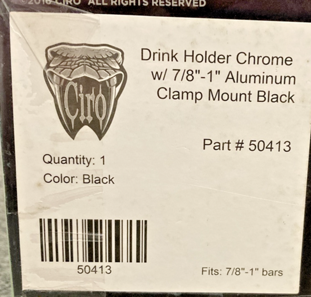 NEW GENUINE CIRO 0636-0022 DRINK HOLDER 7/8" & 1" HANDLEBAR MOUNT, CHR/BLK 50413