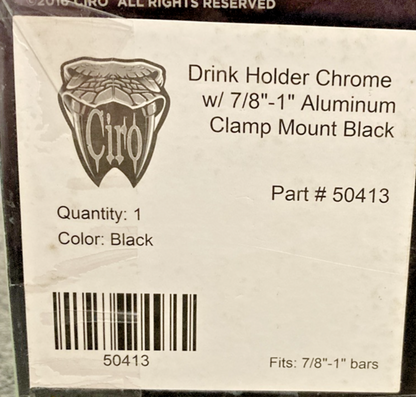 NEW GENUINE CIRO 0636-0022 DRINK HOLDER 7/8" & 1" HANDLEBAR MOUNT, CHR/BLK 50413