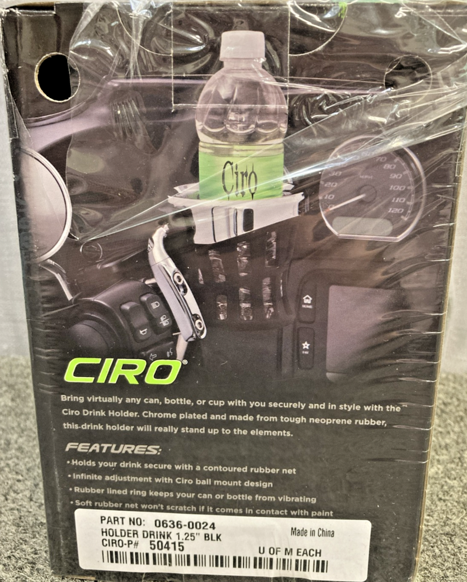 NEW GENUINE CIRO 0636-0024 DRINK HOLDER 1-1/4" HANDLEBAR MOUNT CHR/BLK, 50415